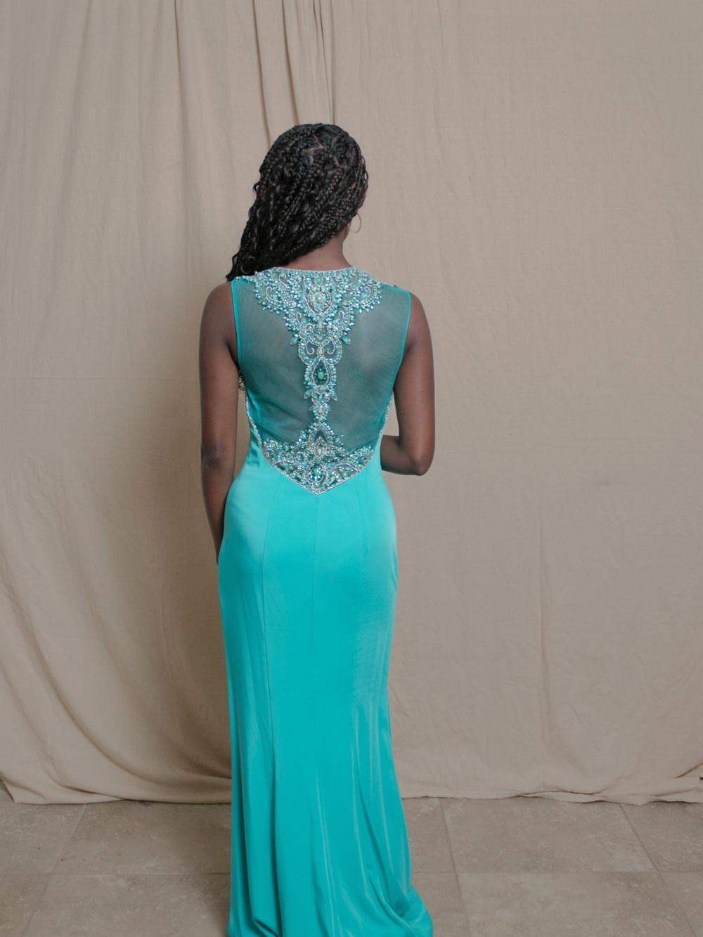 Elegant Teal Embellished Evening Gown - Women Dresses